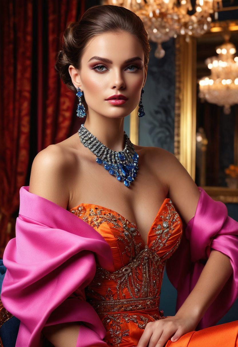 A stylish model in a luxurious environment showcasing a transformation from chic to glam, featuring elegant couture clothing, striking accessories like statement jewelry, and a glamorous makeup look. The background should have a blend of fashion silhouettes and vibrant colors to represent elegance and style evolution. Soft lighting to highlight textures and fabrics. super-realistic. vibrant colors. high fashion.