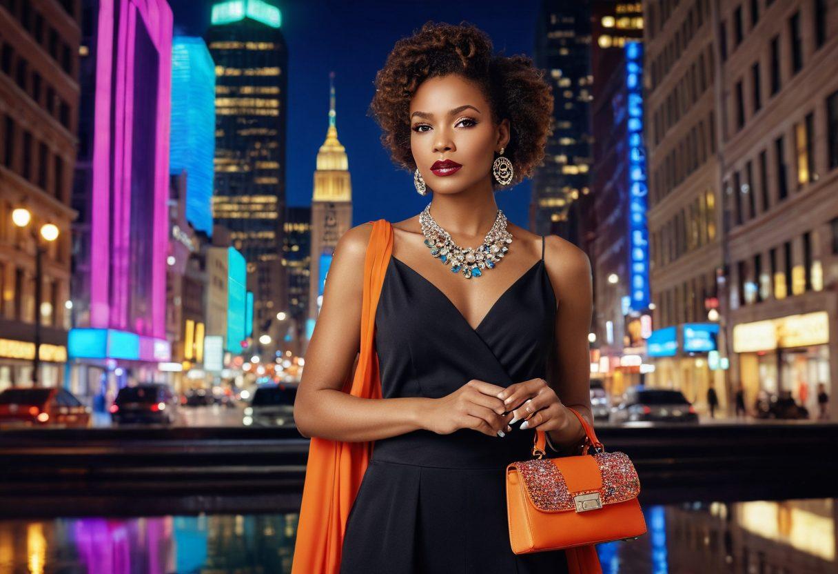 A stylish woman in a chic, fashionable outfit, standing confidently in a vibrant cityscape. Surround her with elegant accessories like a statement necklace and stylish handbag, while showcasing a variety of colorful fabric swatches and glam makeup products in the foreground. Bright lights and a glamorous atmosphere add to the allure of the scene. fashion photography. vibrant colors. urban setting.